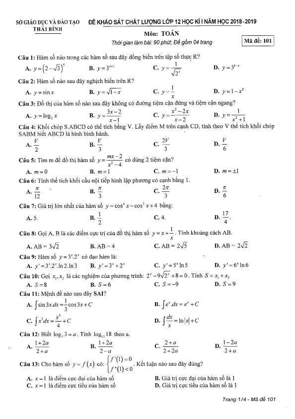 Đề thi học kì 1 (HK1) lớp 12 môn Toán năm học 2018 2019 sở GD ĐT Thái Bình
