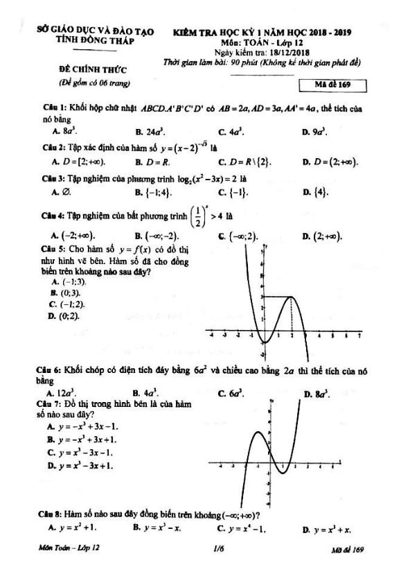 Đề thi học kì 1 (HK1) lớp 12 môn Toán năm học 2018 2019 sở GD và ĐT Đồng Tháp