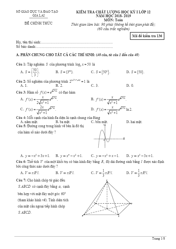 Đề thi học kì 1 (HK1) lớp 12 môn Toán năm học 2018 2019 sở GD và ĐT Gia Lai