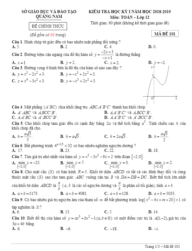 Đề thi học kì 1 (HK1) lớp 12 môn Toán năm học 2018 2019 sở GD và ĐT Quảng Nam