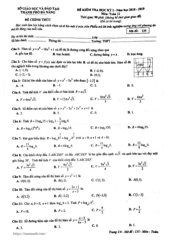 Đề thi học kì 1 (HK1) lớp 12 môn Toán năm học 2018 2019 sở GD và ĐT thành phố Đà Nẵng