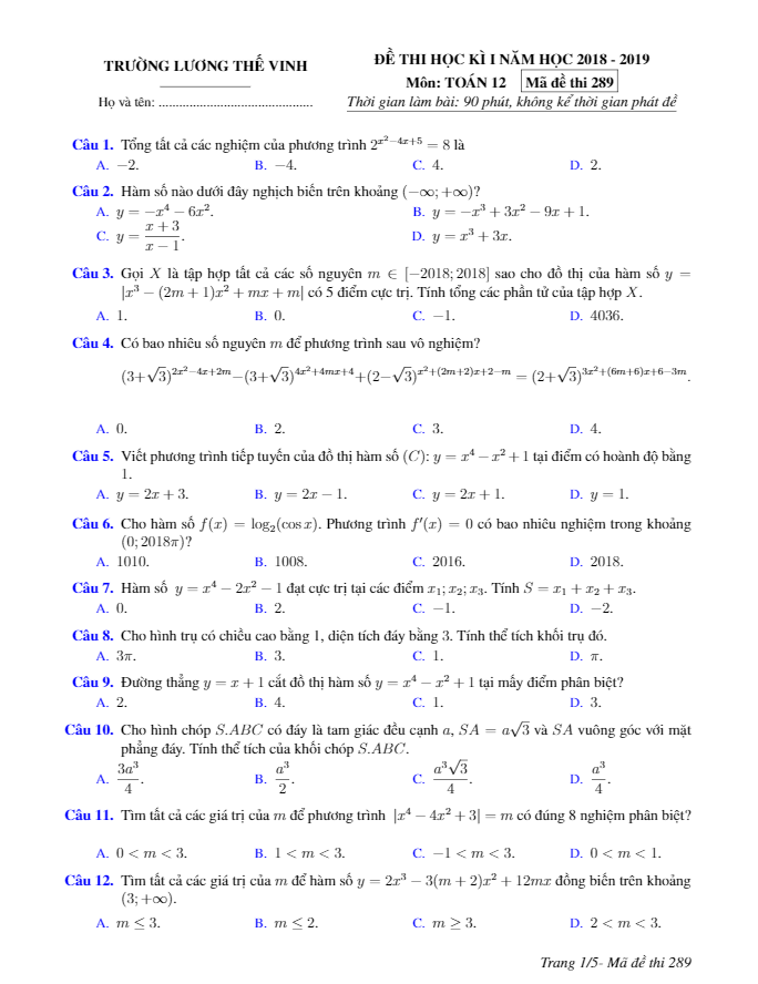Đề thi học kì 1 (HK1) lớp 12 môn Toán năm học 2018 2019 trường Lương Thế Vinh Hà Nội