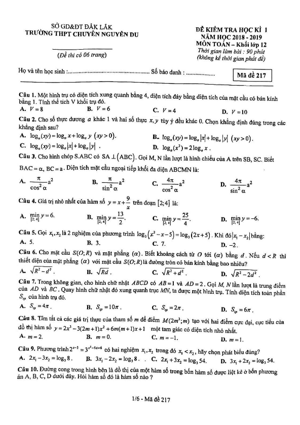 Đề thi học kì 1 (HK1) lớp 12 môn Toán năm học 2018 2019 trường THPT chuyên Nguyễn Du Đăk Lăk