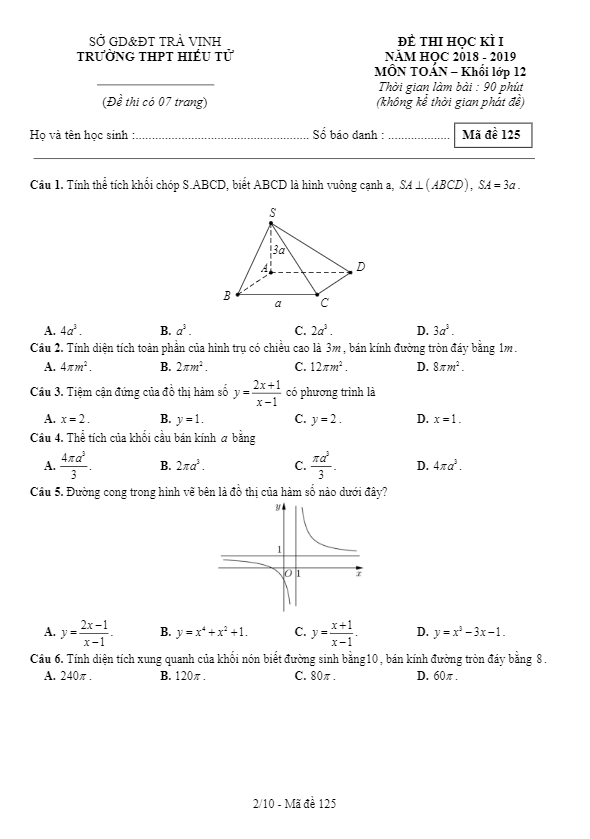 Đề thi học kì 1 (HK1) lớp 12 môn Toán năm học 2018 2019 trường THPT Hiếu Tử Trà Vinh