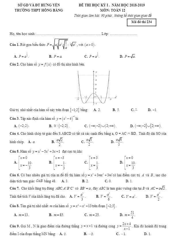 Đề thi học kì 1 (HK1) lớp 12 môn Toán năm học 2018 2019 trường THPT Hồng Bàng Hưng Yên