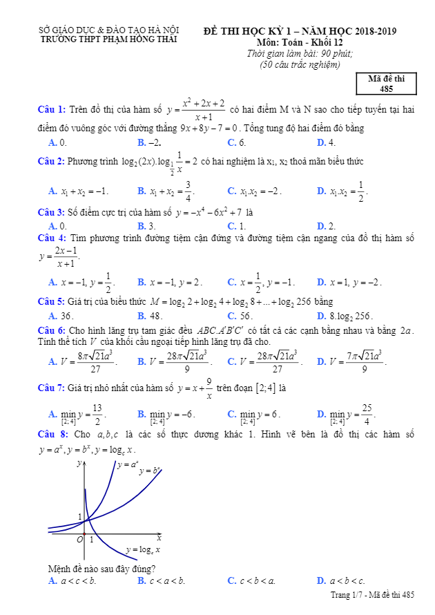 Đề thi học kì 1 (HK1) lớp 12 môn Toán năm học 2018 2019 trường THPT Phạm Hồng Thái Hà Nội