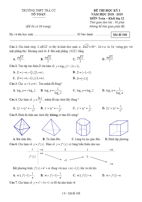 Đề thi học kì 1 (HK1) lớp 12 môn Toán năm học 2018 2019 trường THPT Trà Cú Trà Vinh