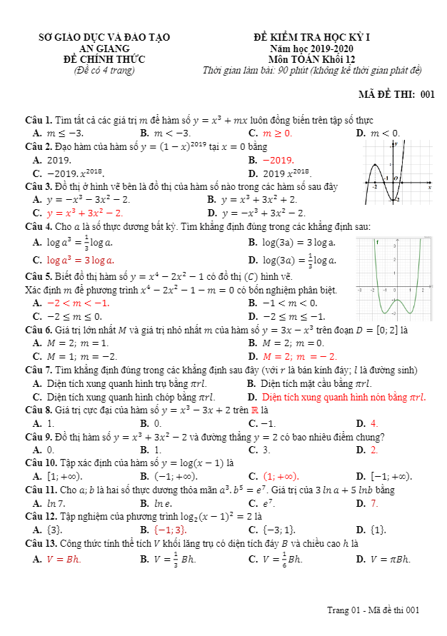 Đề thi học kì 1 (HK1) lớp 12 môn Toán năm học 2019 2020 sở GD ĐT An Giang