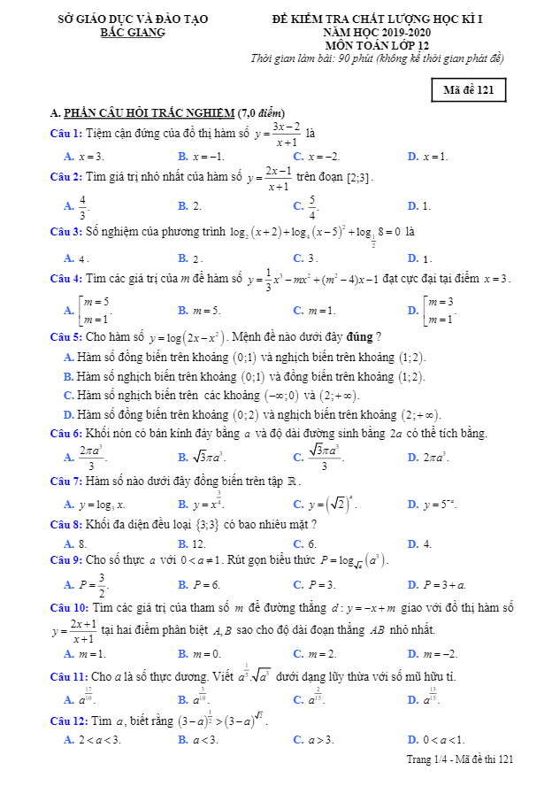 Đề thi học kì 1 (HK1) lớp 12 môn Toán năm học 2019 2020 sở GD ĐT Bắc Giang