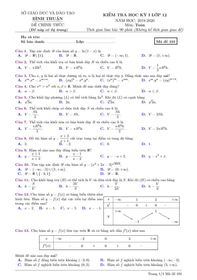Đề thi học kì 1 (HK1) lớp 12 môn Toán năm học 2019 2020 sở GD ĐT Bình Thuận