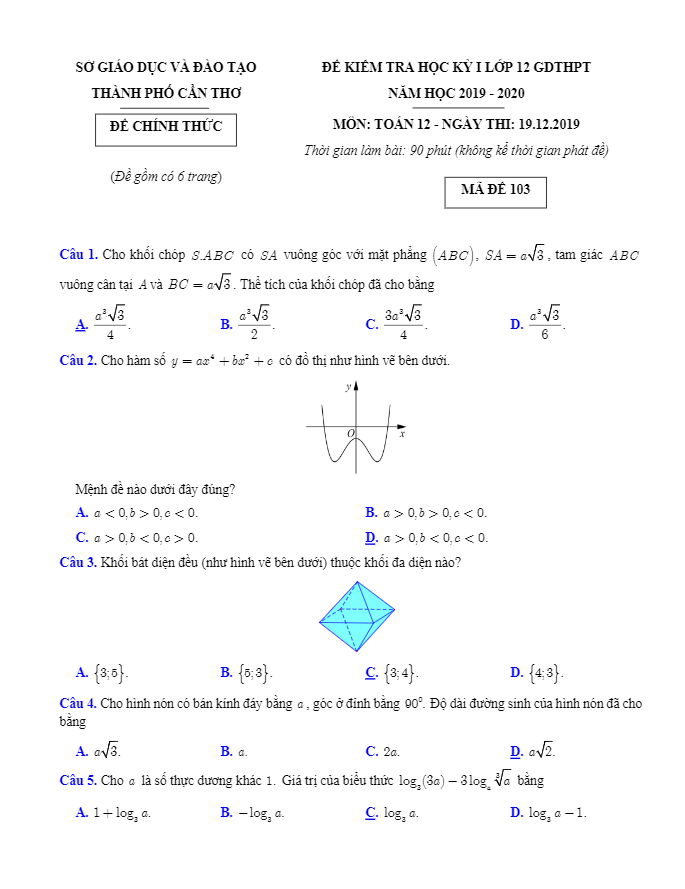 Đề thi học kì 1 (HK1) lớp 12 môn Toán năm học 2019 2020 sở GD ĐT Cần Thơ