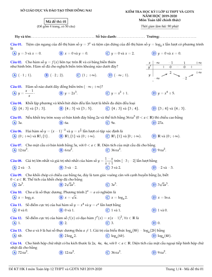 Đề thi học kì 1 (HK1) lớp 12 môn Toán năm học 2019 2020 sở GD ĐT Đồng Nai