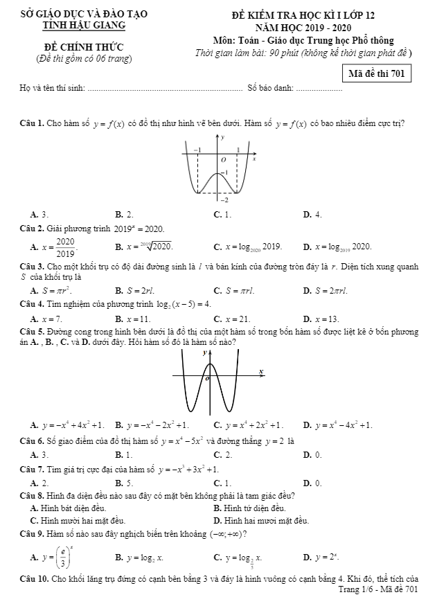 Đề thi học kì 1 (HK1) lớp 12 môn Toán năm học 2019 2020 sở GD ĐT Hậu Giang