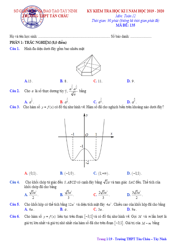 Đề thi học kì 1 (HK1) lớp 12 môn Toán năm học 2019 2020 sở GD ĐT Tây Ninh