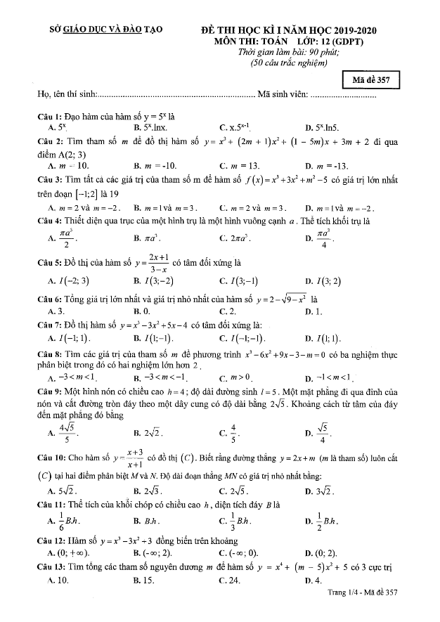 Đề thi học kì 1 (HK1) lớp 12 môn Toán năm học 2019 2020 sở GD và ĐT Bình Dương