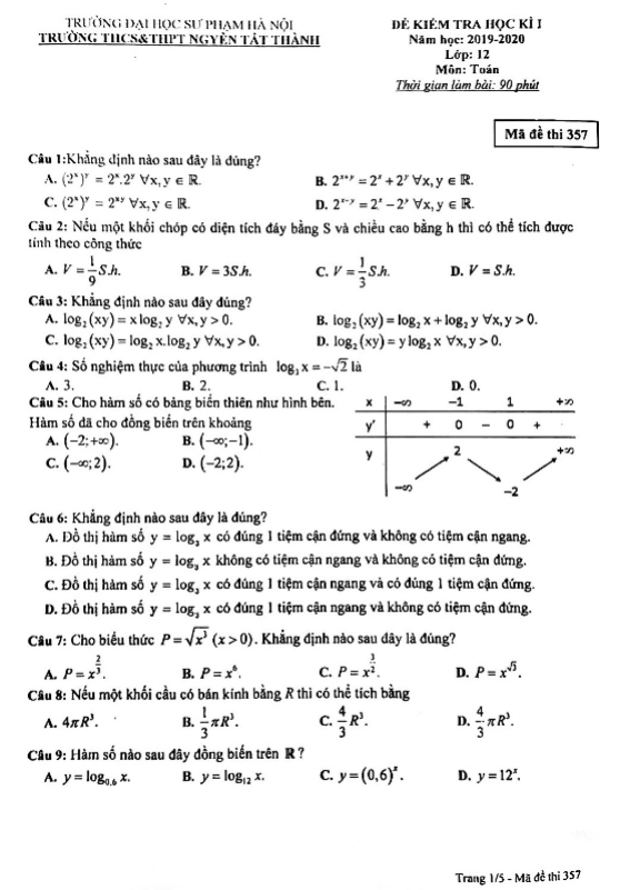 Đề thi học kì 1 (HK1) lớp 12 môn Toán năm học 2019 2020 trường Nguyễn Tất Thành Hà Nội