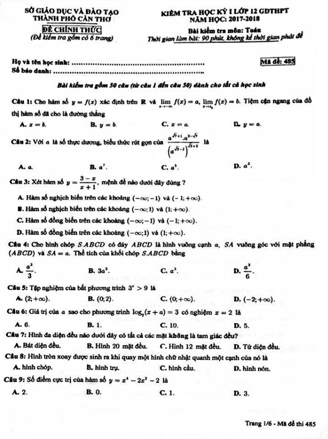 Đề thi học kì 1 (HK1) lớp 12 môn Toán THPT năm học 2017 2018 sở GD và ĐT Cần Thơ