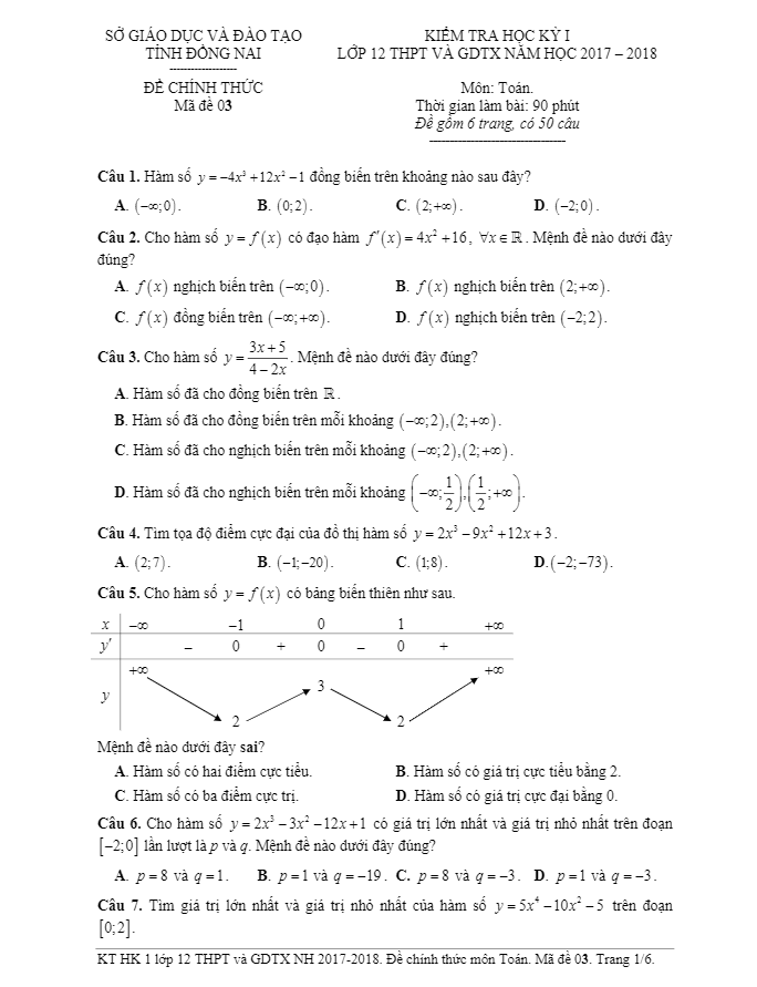 Đề thi học kì 1 (HK1) lớp 12 môn Toán THPT và GDTX năm học 2017 2018 sở GD và ĐT Đồng Nai