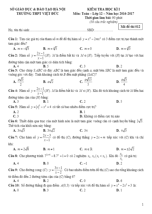 Đề thi học kì 1 (HK1) lớp 12 môn Toán trường THPT Đức Việt Hà Nội