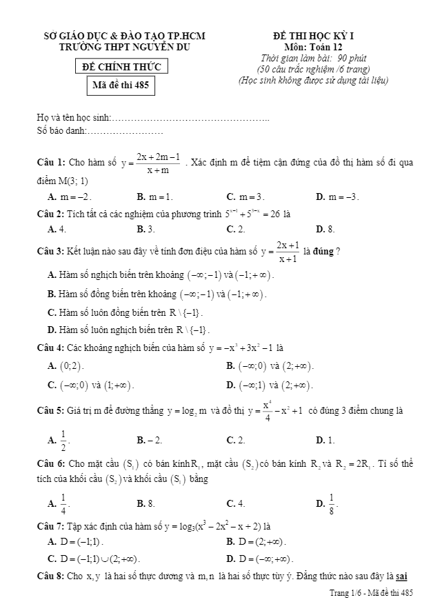 Đề thi học kì 1 (HK1) lớp 12 môn Toán trường THPT Nguyễn Du TP.HCM