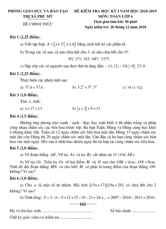 Đề thi học kì 1 (HK1) lớp 6 môn Toán năm 2018 – 2019 phòng GD ĐT Thị Xã Phú Mỹ – Bà Rịa – Vũng Tàu