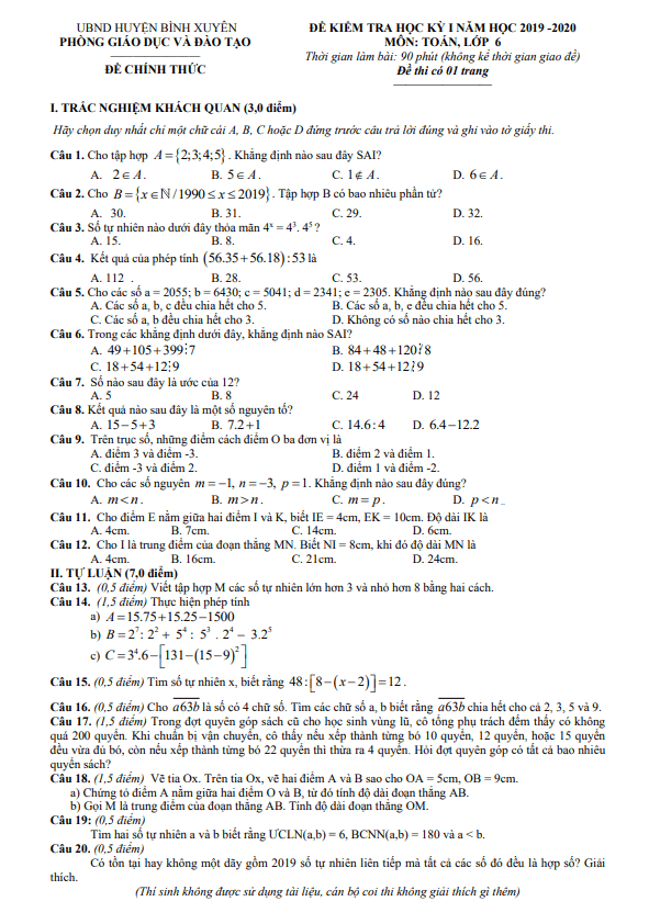 Đề thi học kì 1 (HK1) lớp 6 môn Toán năm 2019 2020 phòng GD ĐT Bình Xuyên Vĩnh Phúc