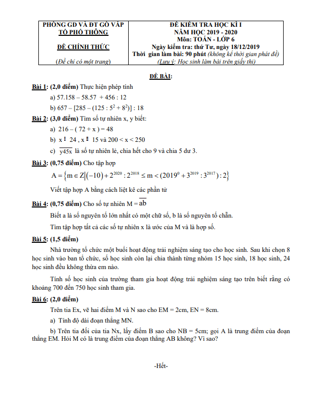 Đề thi học kì 1 (HK1) lớp 6 môn Toán năm 2019 2020 phòng GD ĐT Gò Vấp TP HCM