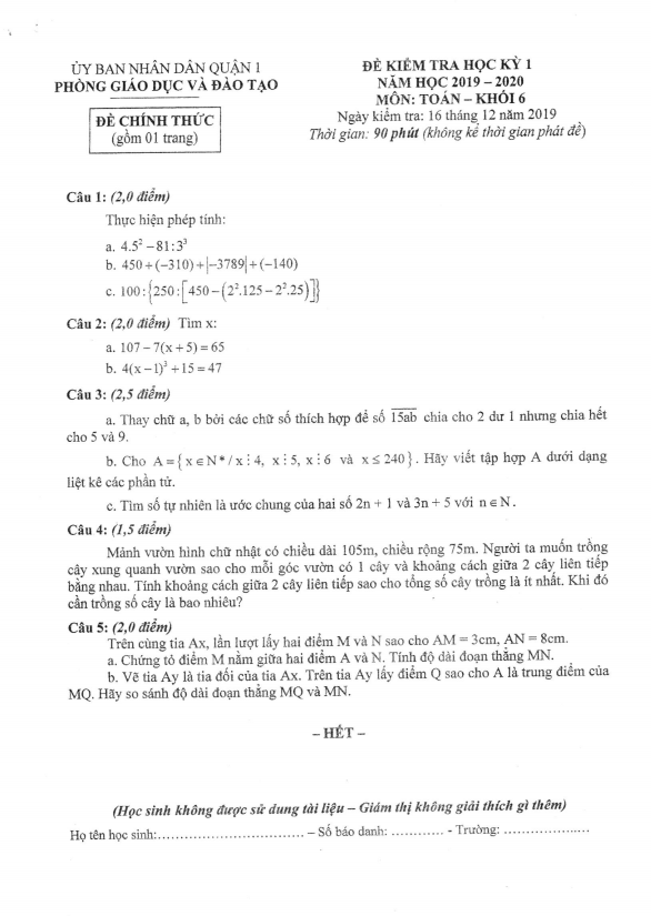 Đề thi học kì 1 (HK1) lớp 6 môn Toán năm 2019 2020 phòng GD ĐT Quận 1 TP HCM