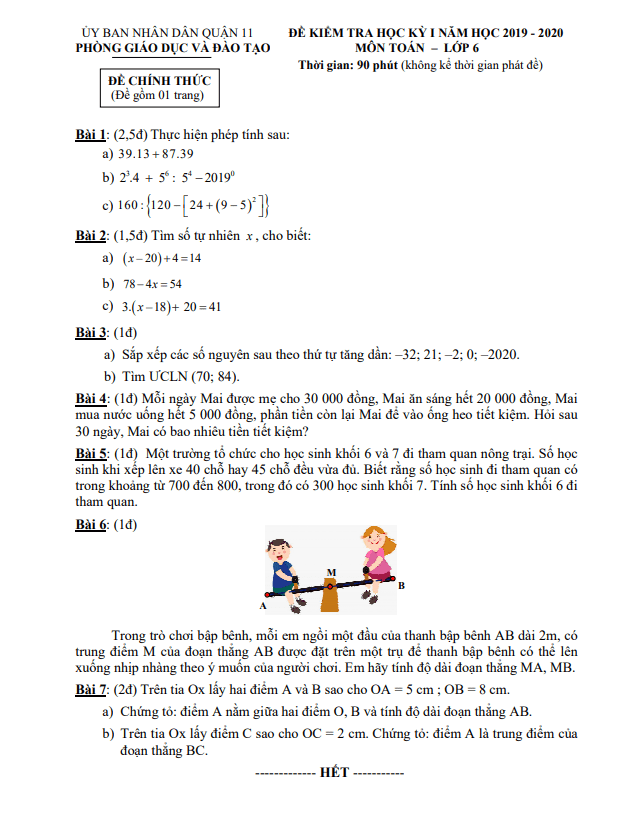 Đề thi học kì 1 (HK1) lớp 6 môn Toán năm 2019 2020 phòng GD ĐT Quận 11 TP HCM