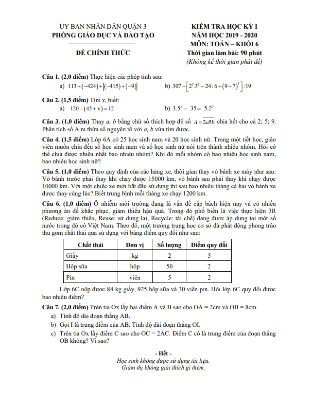 Đề thi học kì 1 (HK1) lớp 6 môn Toán năm 2019 2020 phòng GD ĐT Quận 3 TP HCM