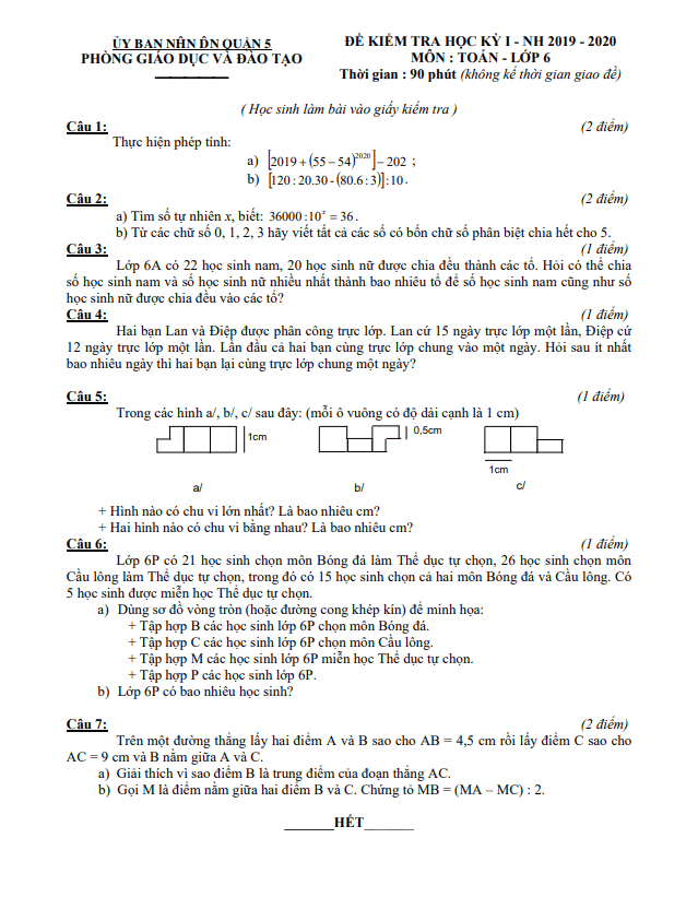 Đề thi học kì 1 (HK1) lớp 6 môn Toán năm 2019 2020 phòng GD ĐT Quận 5 TP HCM
