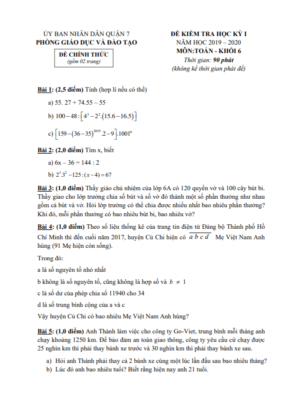 Đề thi học kì 1 (HK1) lớp 6 môn Toán năm 2019 2020 phòng GD ĐT Quận 7 TP HCM
