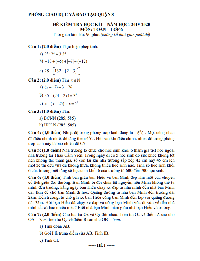 Đề thi học kì 1 (HK1) lớp 6 môn Toán năm 2019 2020 phòng GD ĐT Quận 8 TP HCM