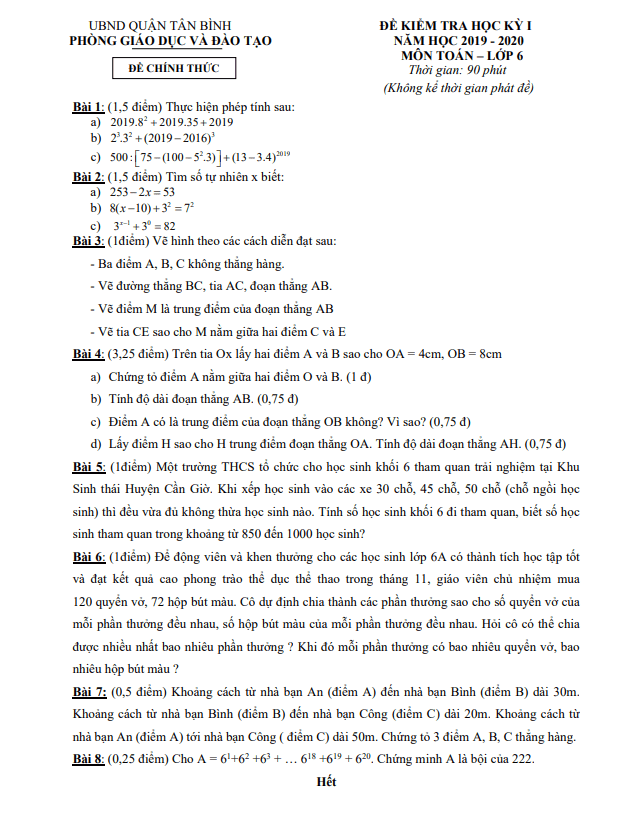 Đề thi học kì 1 (HK1) lớp 6 môn Toán năm 2019 2020 phòng GD ĐT Tân Bình TP HCM