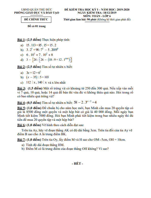 Đề thi học kì 1 (HK1) lớp 6 môn Toán năm 2019 2020 phòng GD ĐT Thủ Đức TP HCM
