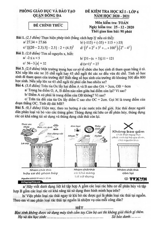 Đề thi học kì 1 (HK1) lớp 6 môn Toán năm 2020 2021 phòng GD ĐT Đống Đa Hà Nội