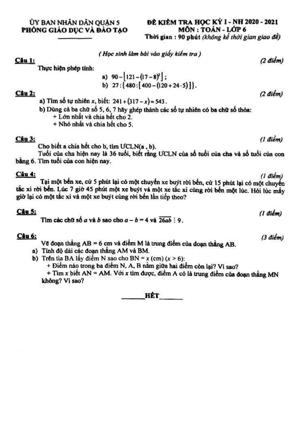 Đề thi học kì 1 (HK1) lớp 6 môn Toán năm 2020 2021 phòng GD ĐT Quận 5 TP HCM