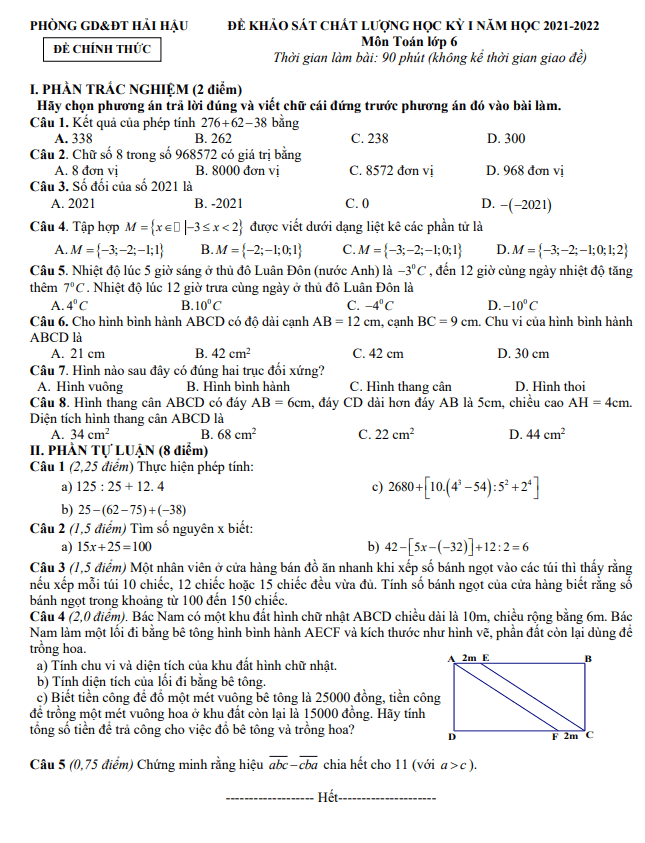 Đề thi học kì 1 (HK1) lớp 6 môn Toán năm 2021 2022 phòng GD ĐT Hải Hậu Nam Định