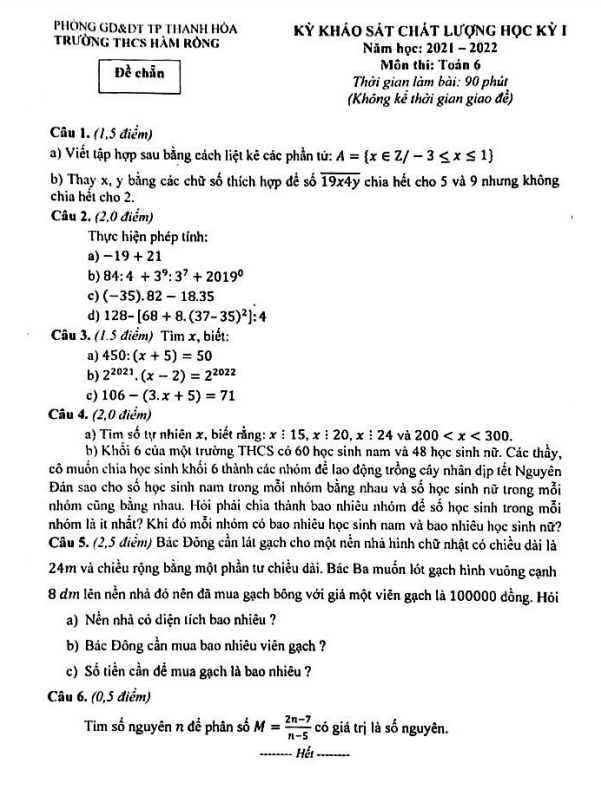 Đề thi học kì 1 (HK1) lớp 6 môn Toán năm 2021 2022 trường THCS Hàm Rồng Thanh Hóa