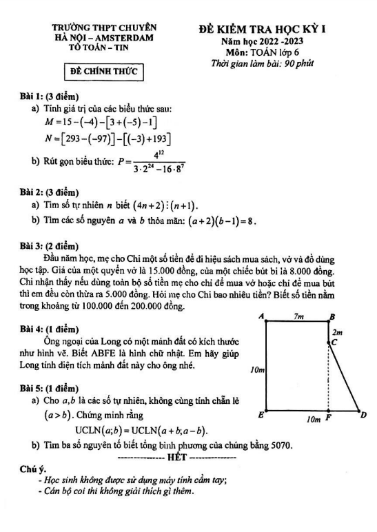 Đề thi học kì 1 (HK1) lớp 6 môn Toán năm 2022 2023 trường THPT chuyên Hà Nội Amsterdam