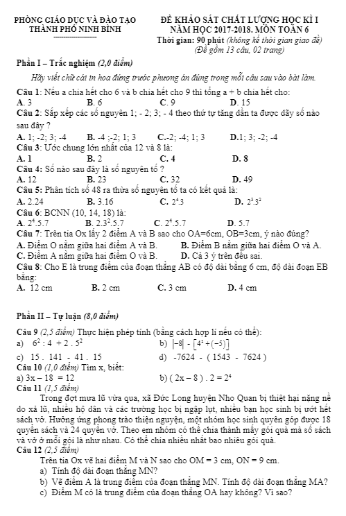 Đề thi học kì 1 (HK1) lớp 6 môn Toán năm học 2017 2018 phòng GD và ĐT thành phố Ninh Bình