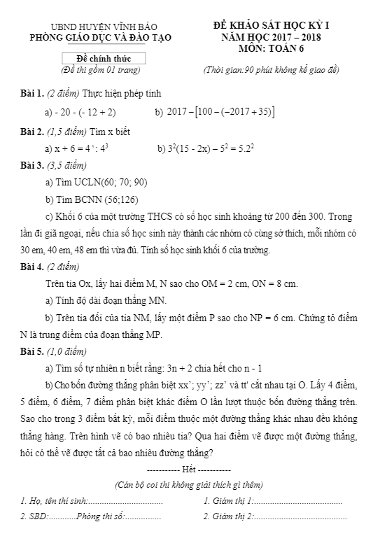 Đề thi học kì 1 (HK1) lớp 6 môn Toán năm học 2017 2018 phòng GD và ĐT Vĩnh Bảo Hải Phòng