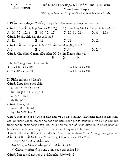Đề thi học kì 1 (HK1) lớp 6 môn Toán năm học 2017 2018 phòng GD và ĐT Vĩnh Tường Vĩnh Phúc