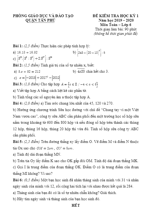 Đề thi học kì 1 (HK1) lớp 6 môn Toán năm học 2019 2020 phòng GD ĐT Tân Phú TP HCM