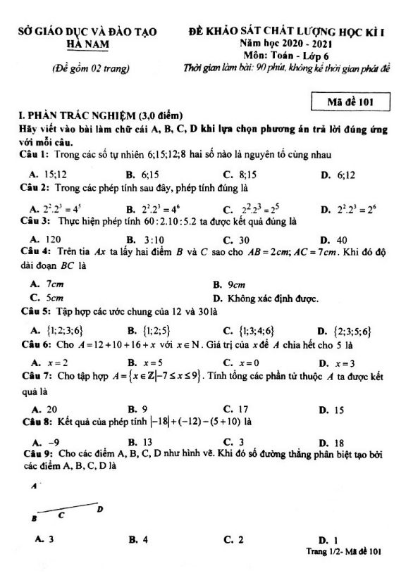 Đề thi học kì 1 (HK1) lớp 6 môn Toán năm học 2020 2021 sở GD ĐT Hà Nam