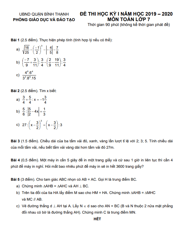Đề thi học kì 1 (HK1) lớp 7 môn Toán năm 2019 2020 phòng GD ĐT Bình Thạnh TP HCM