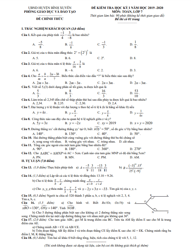 Đề thi học kì 1 (HK1) lớp 7 môn Toán năm 2019 2020 phòng GD ĐT Bình Xuyên Vĩnh Phúc