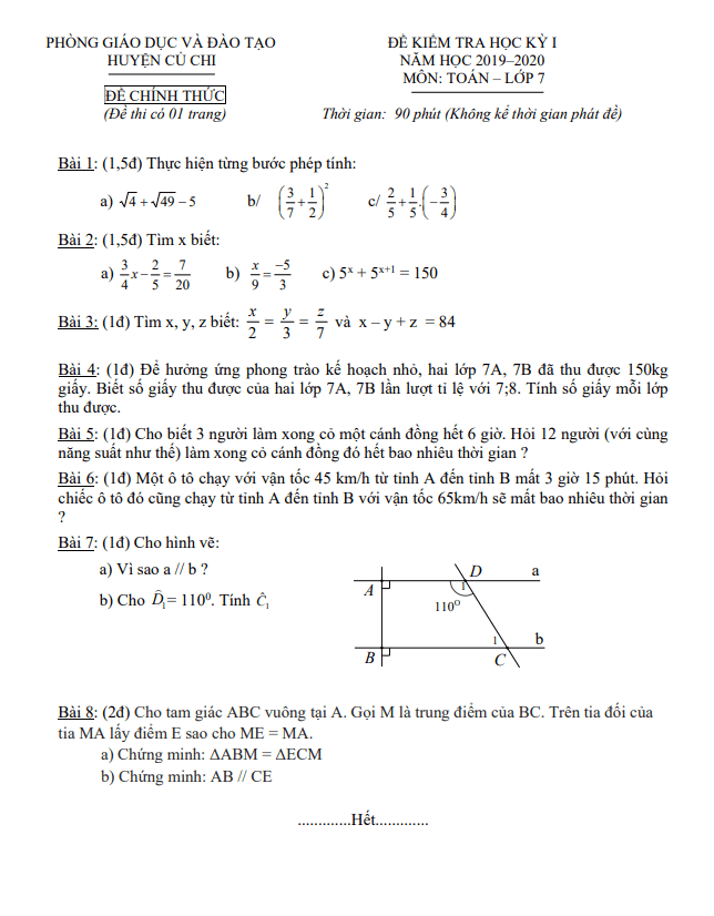 Đề thi học kì 1 (HK1) lớp 7 môn Toán năm 2019 2020 phòng GD ĐT Củ Chi TP HCM