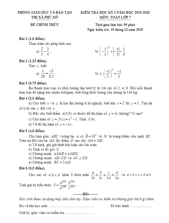 Đề thi học kì 1 (HK1) lớp 7 môn Toán năm 2019 2020 phòng GD ĐT Phú Mỹ BR VT