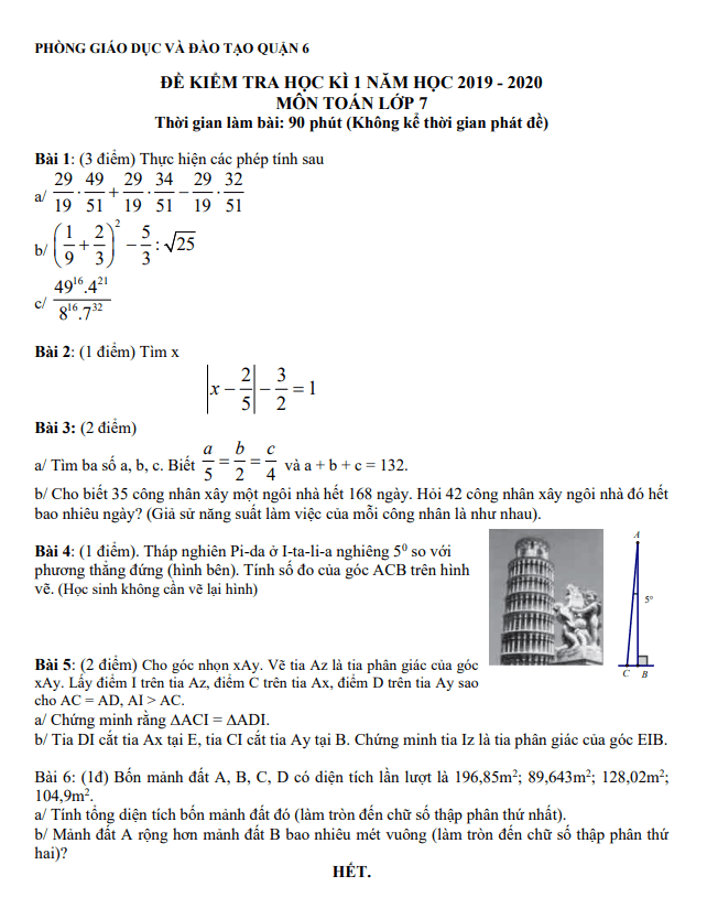 Đề thi học kì 1 (HK1) lớp 7 môn Toán năm 2019 2020 phòng GD ĐT Quận 6 TP HCM